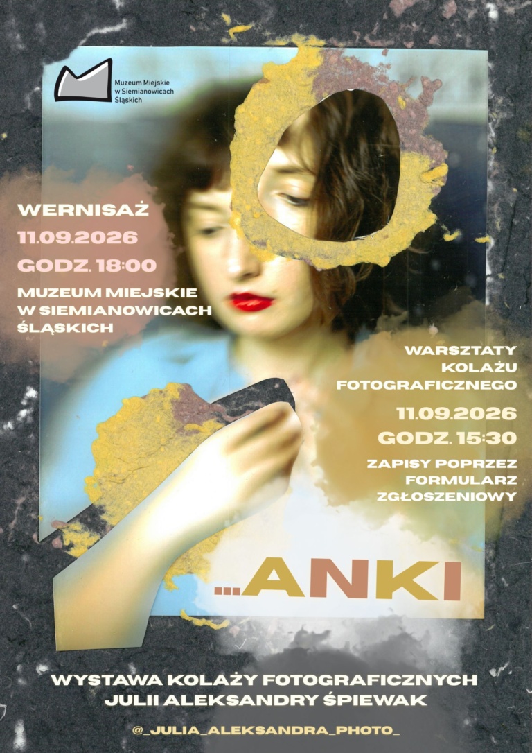 Plakat w stylu artystycznego kolażu, na którym widnieje przetworzony fragment twarzy kobiety z czerwoną szminką i poszarpanym żółtym okręgiem na jednym oku, na ciemnym, teksturalnym tle.